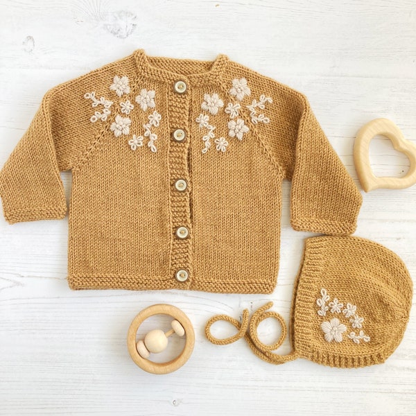 PDF Knitting Pattern Embroidered Cardigan and Bonnet for Baby or Toddler - KENSI