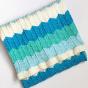 Può includere: Una copertina per neonati in maglia con un motivo a chevron in tonalità di blu, verde e bianco.