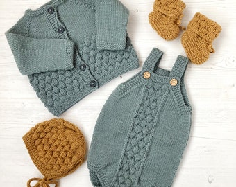 PDF Knitting Pattern, Bubble Stitch Cardigan Romper Bonnet & Booties set