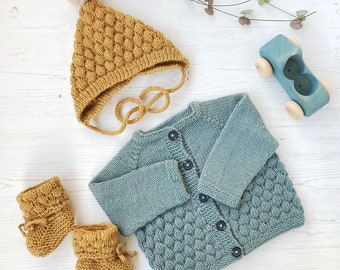 PDF Knitting Pattern, Bubble Stitch Cardigan, Pixie Hat & Booties Set