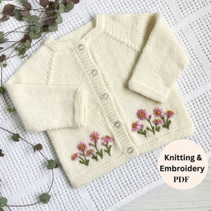 Schema per maglia in PDF, cardigan ricamato con margherite per neonati e bambini piccoli