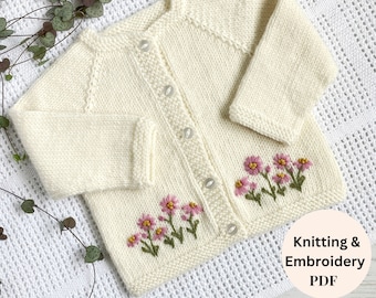 PDF Knitting Pattern, Daisy Embroidered Cardigan for Baby and Toddler