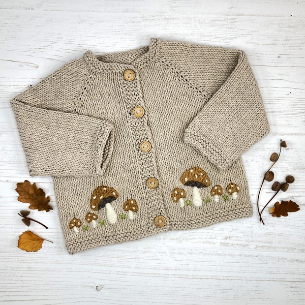 PDF Knitting Pattern, Toadstools Embroidered Cardigan with video tutorials