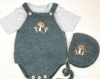 PDF Knitting Pattern Romper and Bonnet with Toadstool Embroidery