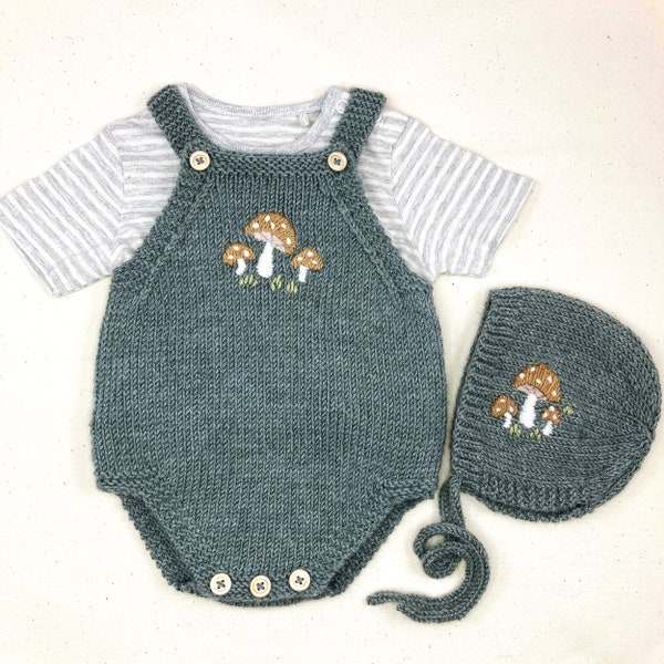 PDF Knitting Pattern Romper and Bonnet with Toadstool Embroidery