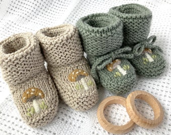 PDF Knitting Pattern for Baby Booties with Toadstool Embroidery