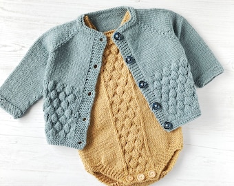 PDF Knitting Pattern Bubble Stitch Romper and Cardigan