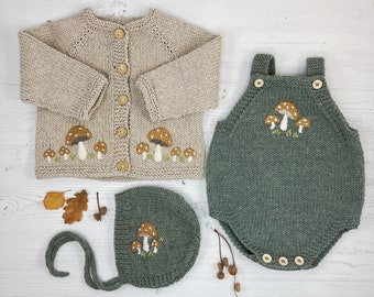 PDF Knitting Pattern Bundle for Toadstool Embroidered Cardigan, Romper and Bonnet