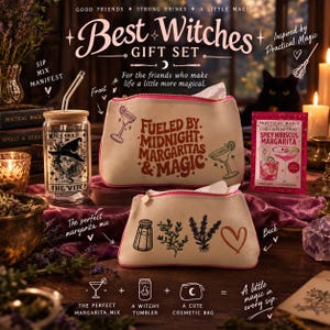 May include: A gift set featuring a glass tumbler with a witch illustration, a pink-trimmed cosmetic bag with the text FUELED BY MIDNIGHT MARGARITAS & MAGIC, a second bag with botanical icons, and a packet of spicy hibiscus margarita cocktail mixer.