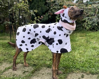 Fleece Greyhound Coat Cow Print/ Greyhound clothes/ Iggy Fleece coat/ Galgo fleece coat/ Daschund fleece coat/ Fleece dog coat with belt