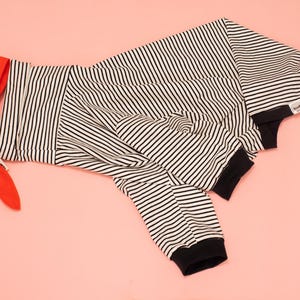 May include: A black and white striped pet sweater featuring long sleeves with black cuffs, a black collar, and a bright red fabric tie attached to the side. The garment includes a small white rectangular tag with black text on the sleeve.