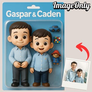 May include: A toy set featuring two figures of boys in blue shirts and dark pants. The set includes a blue car, a Rubik's cube, and a Paddington Bear figurine. The packaging reads "Gaspard & Caden" and "Image Only".