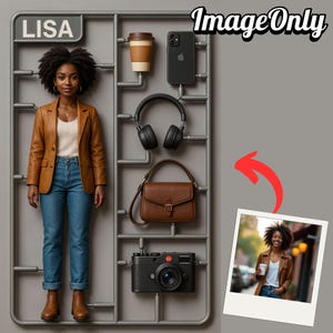 May include: A woman in a brown leather blazer, jeans, and boots, with a coffee cup, phone, headphones, purse, and camera. The image is a stylized representation of a fashion and lifestyle theme, with the name "LISA" at the top.