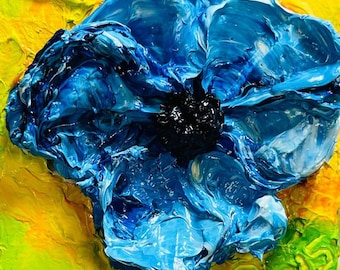 Blue Poppy 2 by 2 inch Original Impasto Oil Painting by Paris Wyatt Llanso