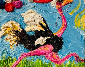 Ostrich Christmas  6 by 6 by 1.5 Inch Original Oil Painting by Paris Wyatt Llanso FREE SHIPPING