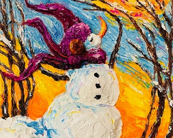 Blown Away Snowman  9 by 12 by 1 1/2 Inch Original Impasto Oil Painting by Paris Wyatt Llanso