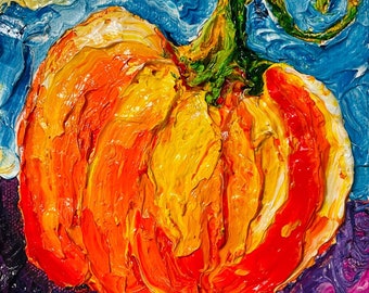 Pumpkin 5 by 5 by 1.5 Inch Original Oil Painting by Paris Wyatt Llanso FREE SHIPPING