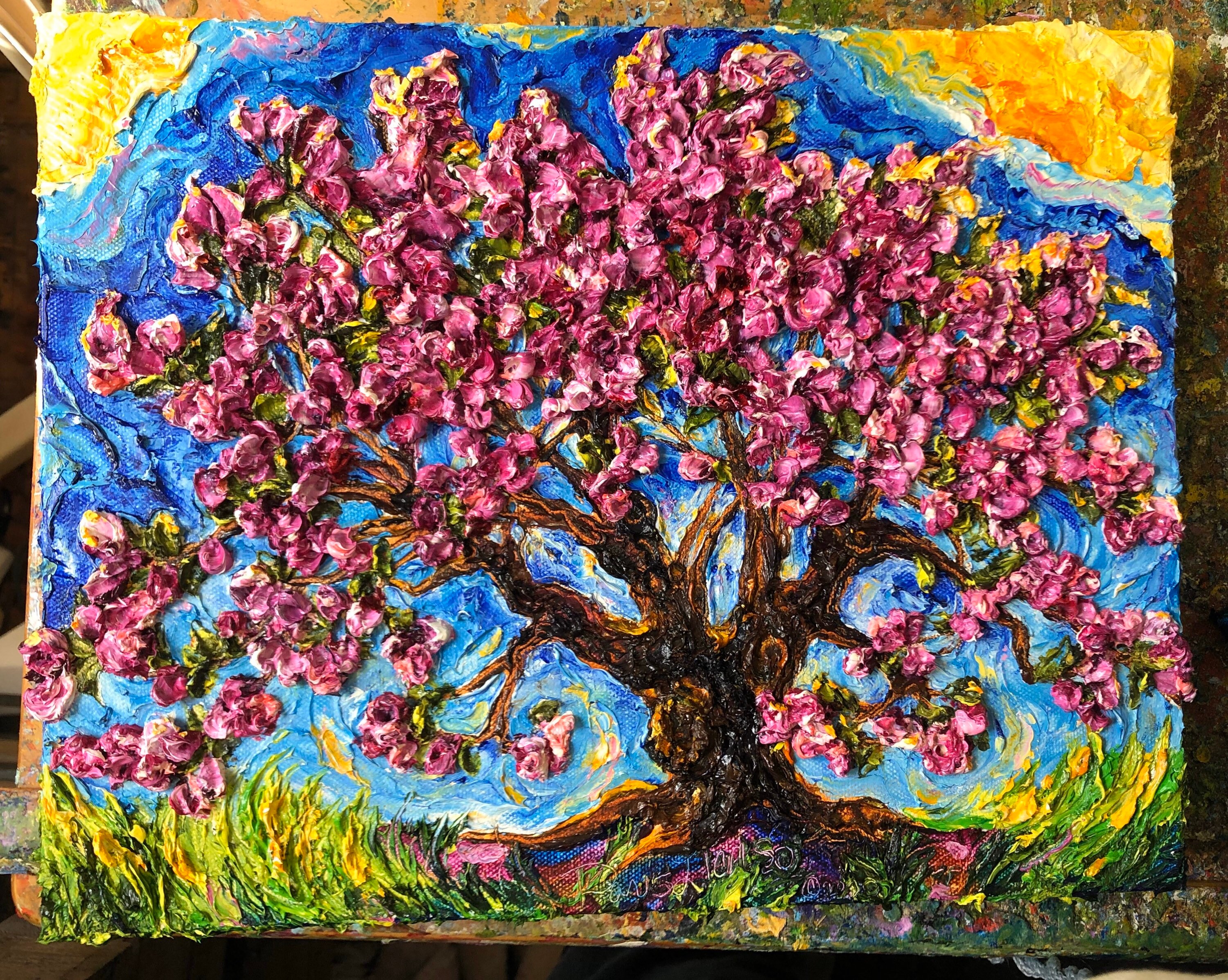 Crabapple Tree 11 by 14 by 1 1/2 Inch Original Impasto Oil Painting by