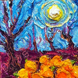 May include: A textured oil painting on canvas featuring a thick impasto application of paint. The composition displays a vibrant yellow sun in a swirling blue sky above a dark purple landscape filled with bright orange and yellow floral clusters.