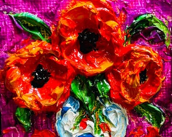 Poppies in Vase 2 by 2 inch Original Impasto Oil Painting by Paris Wyatt Llanso