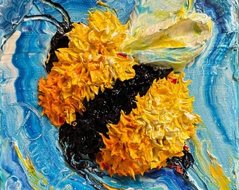 Bee Happy 5 by 5 by 1.5 Inch Original Oil Painting by Paris Wyatt Llanso FREE SHIPPING