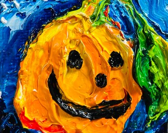 Pumpkin Jack o’lantern Halloween mini 2x2 Original Impasto Oil Painting by Paris Wyatt Llanso