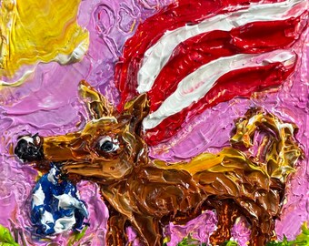 Patriotic Puppy 2 by 2 inch Original Impasto Oil Painting by Paris Wyatt Llanso