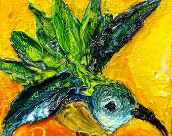 Colibri en vol stationnaire 2 x 2 peinture à l'huile originale empâtement par Paris Wyatt Llanso