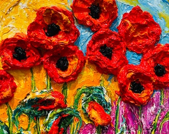 Poppies 6x6x1.5 Inch deep Original Impasto Oil Painting by Paris Wyatt Llanso