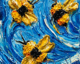 Three Bees Buzzing 6 by 6 by 1.5 Inch Original Oil Painting by Paris Wyatt Llanso FREE SHIPPING