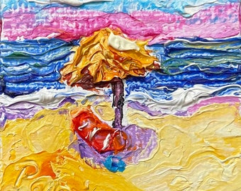 Private beach escape 2x2 Original Impasto Oil Painting by Paris Wyatt Llanso