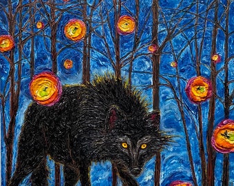 Fireflies and Night of the Wolf 16 by 32 by 1 1/2 Inch Original Impasto Oil Painting by Paris Wyatt Llanso