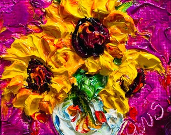 Sunflowers in Vase 2 by 2 inch Original Impasto Oil Painting by Paris Wyatt Llanso