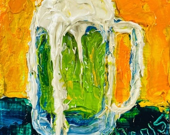 Irish Green Beer  2 by 2 inch Original Impasto Oil Painting by Paris Wyatt Llanso