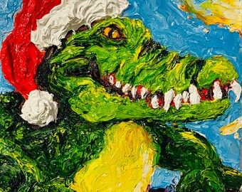Crocodiles Christmas  6 by 6 by 1.5 Inch Original Oil Painting by Paris Wyatt Llanso FREE SHIPPING