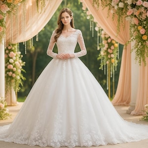 Long Sleeve Lace Ball Gown Wedding Dress, Illusion Neckline Bridal Gown, Full Skirt, Romantic Floral Bridal Dress, Fairytale Wedding Dress