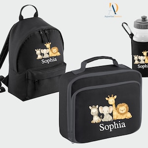 Ensemble de sac à dos safari personnalisé, sac à lunch pour enfants avec nom personnalisé imprimé, cadeau de rentrée des classes garçons filles, sac à dos mignons animaux de safari pour chambre d'enfants