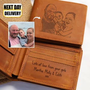 Cartera de cuero grabada personalizada, cartera para hombre con retrato fotográfico personalizado, regalo de cumpleaños con monograma para esposo, cartera para papá, regalos para novio