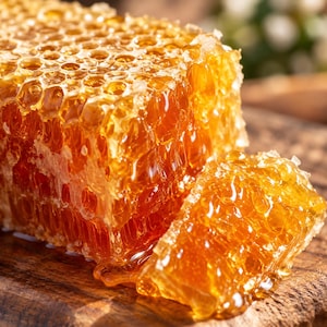 Puede incluir: Un gran bloque rectangular de panal de color amarillo dorado con una estructura de cera hexagonal visible, que presenta un trozo más pequeño y separado en la parte delantera. La miel es translúcida, viscosa y refleja la luz en su superficie.