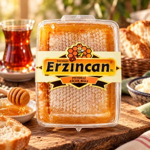 May include: A rectangular clear plastic container filled with golden honeycomb. A label across the centre features the text "Karahan Erzincan" and "PETEKLİ ÇİÇEK BALI" with a graphic of a honeycomb and a bee. The honey is amber-coloured and textured.