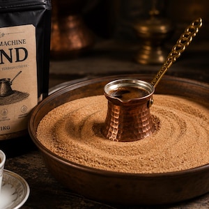 Può includere: Un sacchetto nero con etichetta COFFEE MACHINE SAND FOR AUTHENTIC TURKISH COFFEE 1KG, un bricco cezve in rame pieno di caffè scuro poggiato in una teglia rotonda di metallo piena di sabbia, e una tazza in ceramica bianca con piattino.