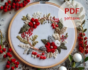 クリスマスリースの手刺繍パターン：花柄DIYデザイン（PDF）