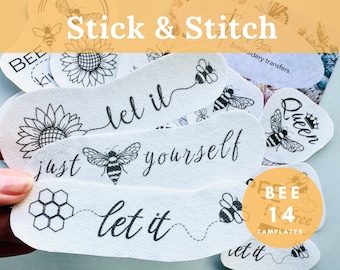 May include: A set of 14 iron-on embroidery transfer designs featuring bees, sunflowers, and inspirational quotes such as "let it be" and "just be yourself".