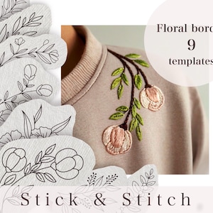 Floral Border Embroidery Stickers: Stick and Stitch Templates (Set of 9)
