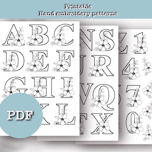 Desenho de bordado completo de alfabeto floral e números, letras para impressão em ponto e cola, download digital em PDF, folha para impressão