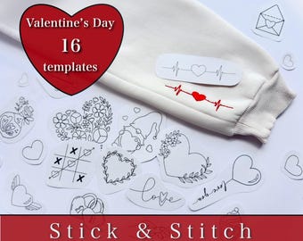 Valentine's Day Embroidery Stickers: Heart Patterns, DIY Hand Embroidery (Set of 16)
