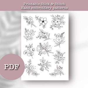May include: Printable stick and stitch hand embroidery patterns. A sheet of 12 black and white floral designs.