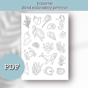Sotto il mare modelli di ricamo a mano, disegni di ricamo, disegno di bastoncino e punto stampabile, download digitale PDF, foglio stampabile