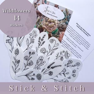 Wildflowers Stick and Stitch Embroidery Pattern, set of 14 stick and stitch Templates, DIY Embroidery KIT, flower pattern for clothes