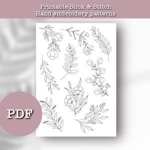 May include: Printable stick and stitch hand embroidery patterns for floral designs. The PDF download includes 12 different floral patterns.